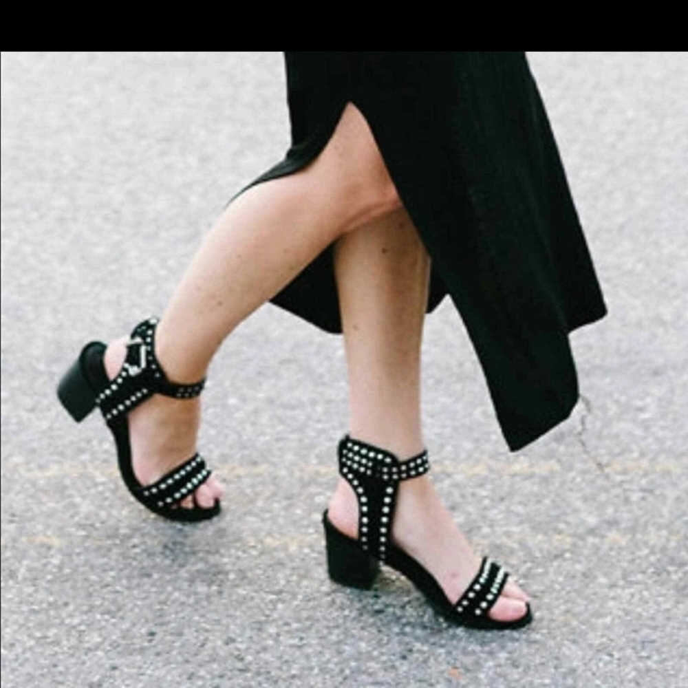 SolSana Ankle Buckle Black Block Heel Sandals with Stud Detailing